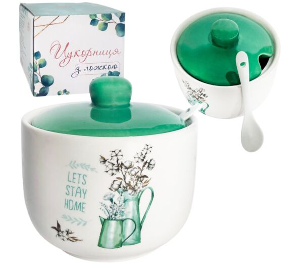 Teal Cottagecore Ceramic Sugar Bowl with Spoon