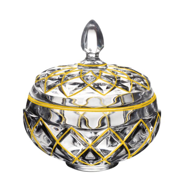 Glass Serving Bowl With Lid Bohemian Style Golden Rhombuses 