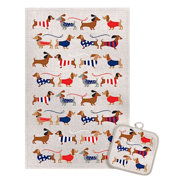 Dachshunds in Jumpers Linen Cotton Kitchen Towel and Potholder Set