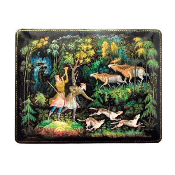 Hunting Scene Lacquer Miniature Handmade Jewelry Trinket Box