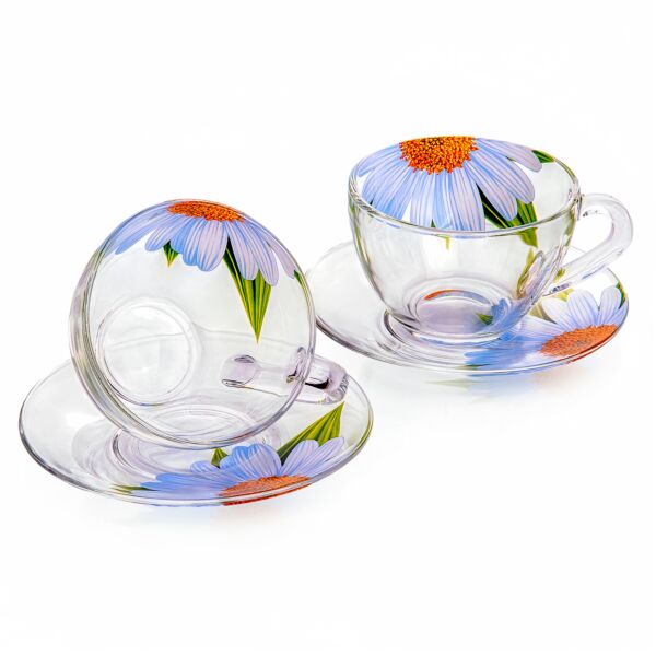 Daisy Glass Cup and Saucer Set of 2