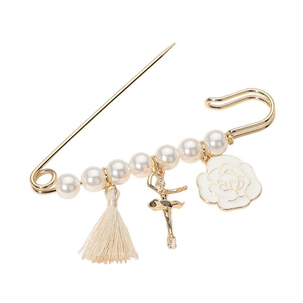 Gold Safety Pin Brooch with Ballerina, Flower, Tassel, and Pearls
