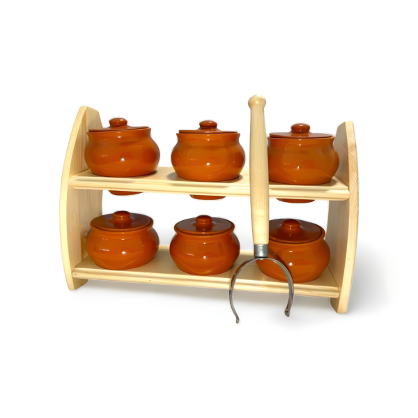 6 Stoneware Pots With Oven Fork &amp; Wooden Shelf Set