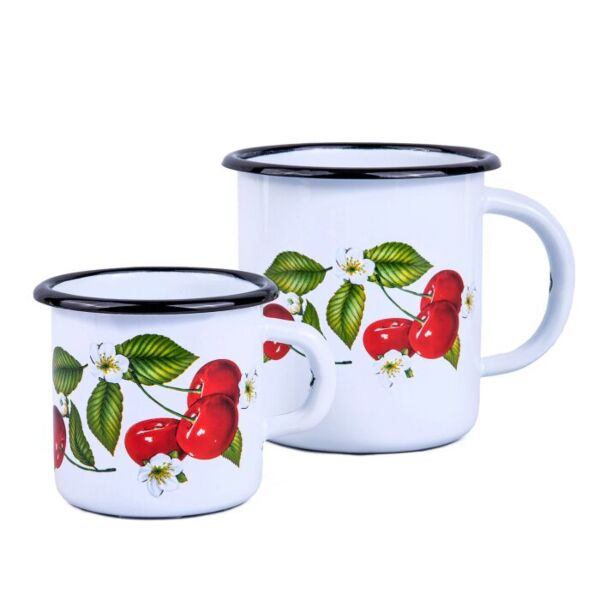 Cherry Berry White Enamel Mug Set of 2