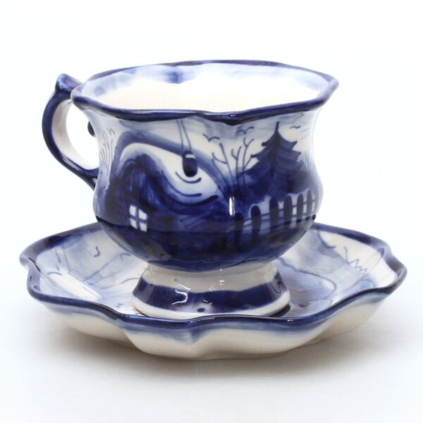 Winter Frost Teacup and Saucer Blue and White Gzhel Porcelain 