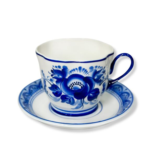 Sparrow Teacup and Saucer Blue and White Gzhel Porcelain