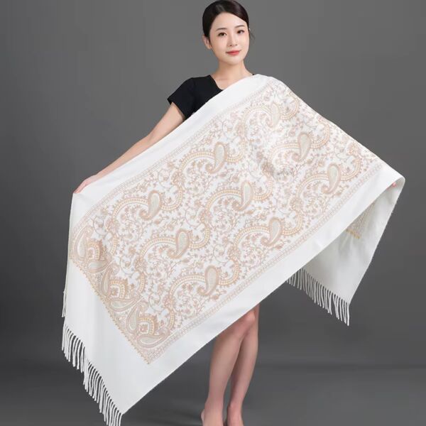 Cashew Flowers White Scarf with Embroidery