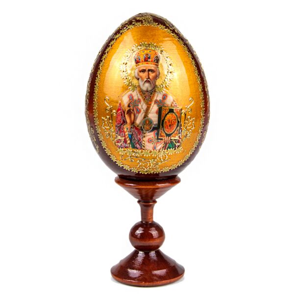 Saint Nicholas the Wonderworker 6.7&#039;&#039; Handmade Wooden Lacquer Egg on Stand