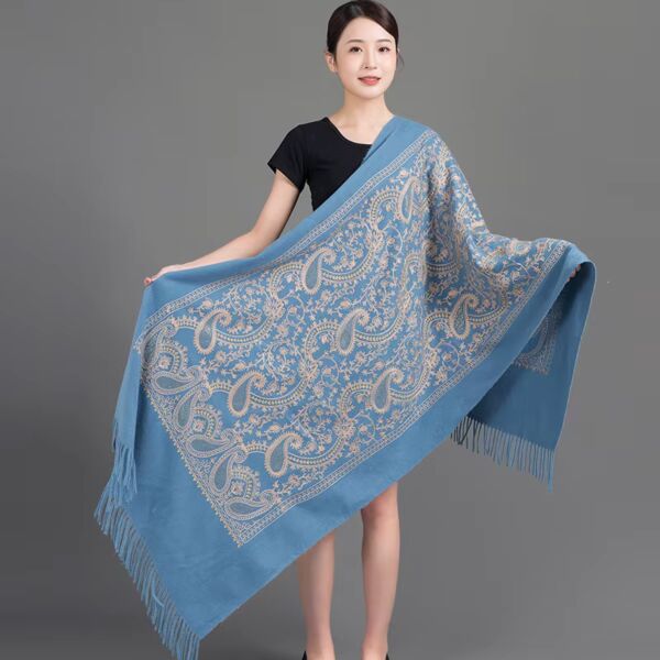 Cashew Flowers Blue Scarf with Embroidery