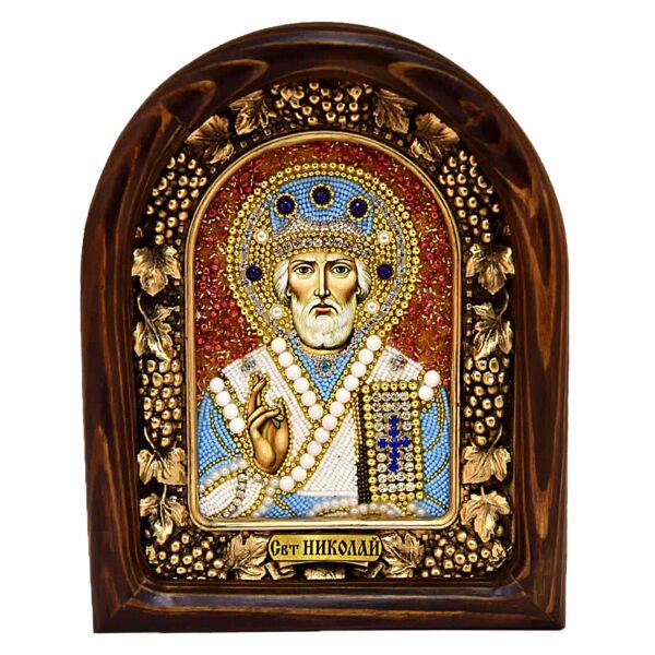 Saint Nicholas the Wonderworker Hand Beaded Icon Wood Frame Natural Stones