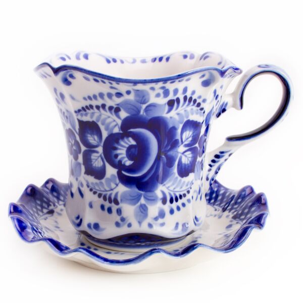 Bell Flower Teacup and Saucer Blue and White Porcelain Gzhel
