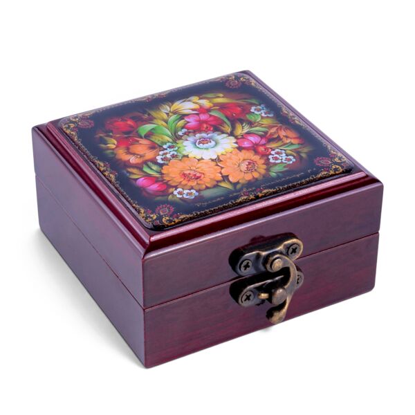 Wooden Jewelry Trinket Box with Mirror Florals