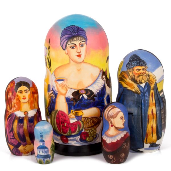 Kustodiev&#039;s Merchant&#039;s Wife at Tea Nesting Doll (5 pc.)