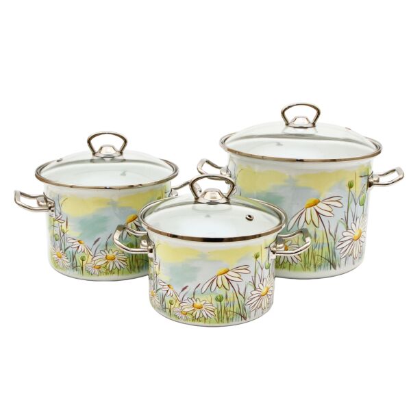 Daisy Fields Enameled Steel Pot with Glass Lid Set of 6 pcs