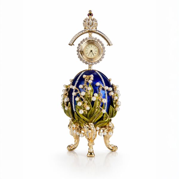 Blue Lily of the Valley Egg Jewelry Box with Clock