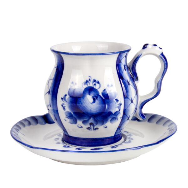 Checkered and Floral Teacup with Saucer Blue and White Gzhel Porcelain 