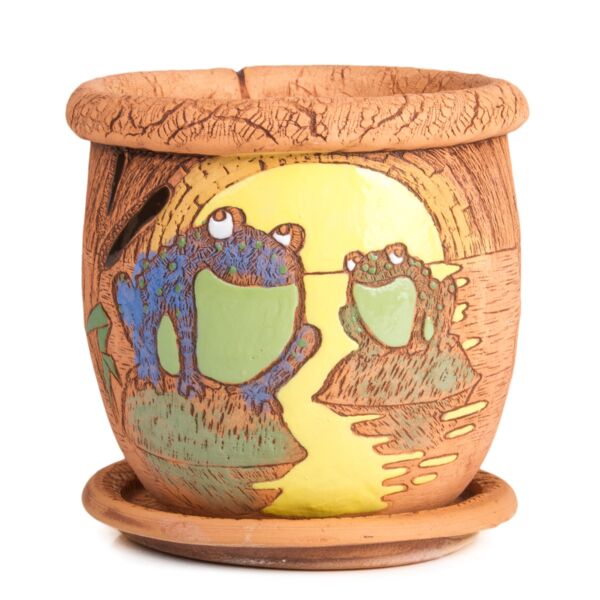 Frogs in Moonlight Handmade Ceramic Planter with Drainage Hole and Saucer