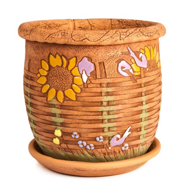 Sunflower Ceramic Planter with Drainage Hole and Saucer