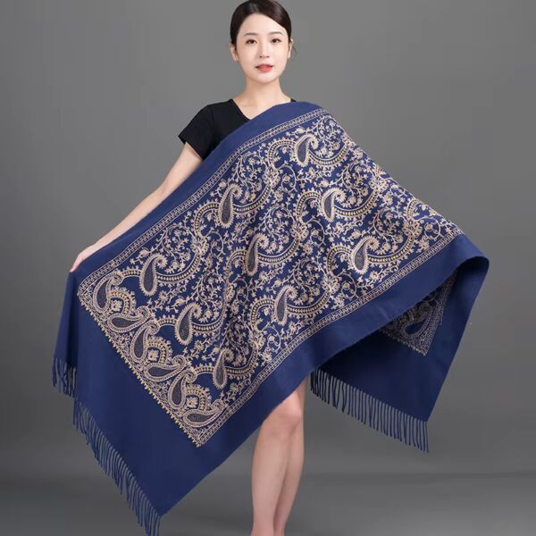 Cashew Flowers Navy Blue Scarf with Embroidery