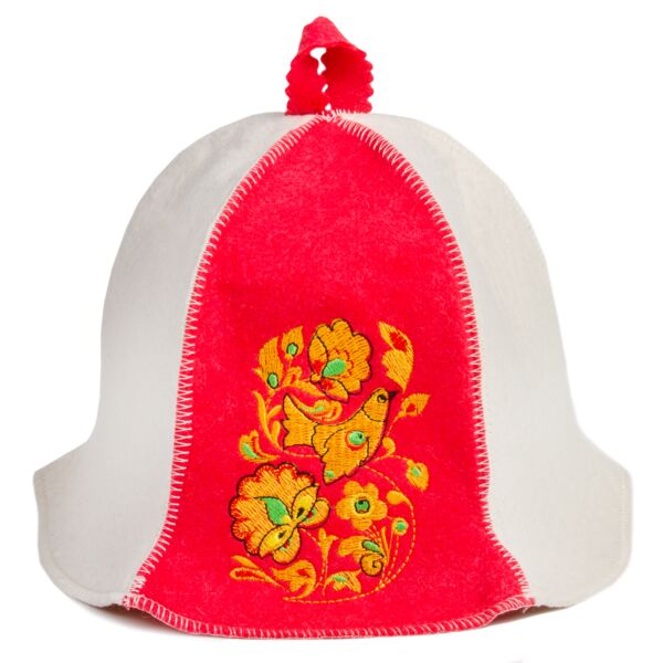 &quot;Khokhloma&quot; White and Red Sauna Hat