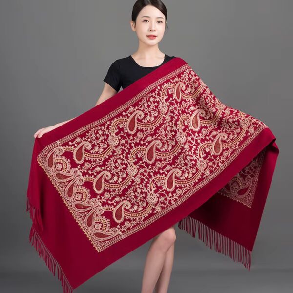 Cashew Flowers Red Scarf with Embroidery
