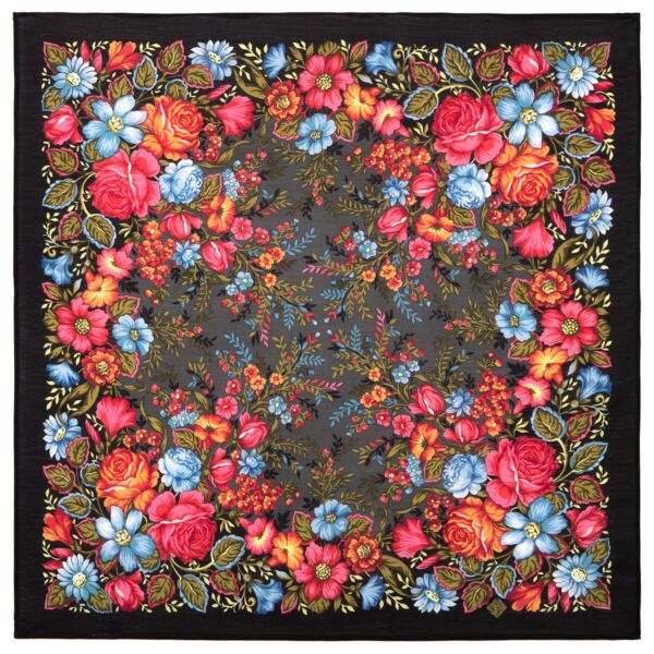 Classic Black &amp; Red Florals Pavlovo Posad Wool Shawl