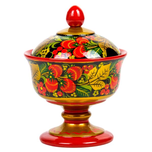 Wooden Storage Bowl with Lid Khokhloma Painting
