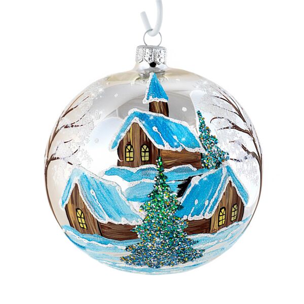 Christmas Village on Silver Hand-Painted 360° Glass Holiday Ornament | Statement Piece