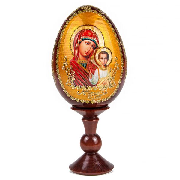 Our Lady of Kazan Handmade Wooden Lacquer Icon Egg on Stand