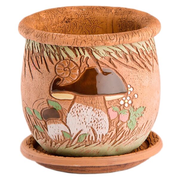 Mushrooms Ceramic Planter with Drainage Hole and Saucer. Flower Pot