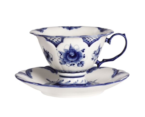 Moring Petals Teacup and Saucer Blue and White Gzhel Porcelain 