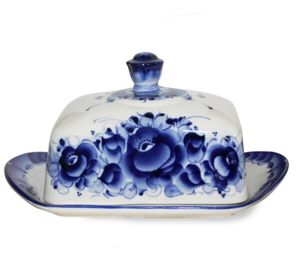 Rectangular Butter Dish Blue and White Gzhel Porcelain 