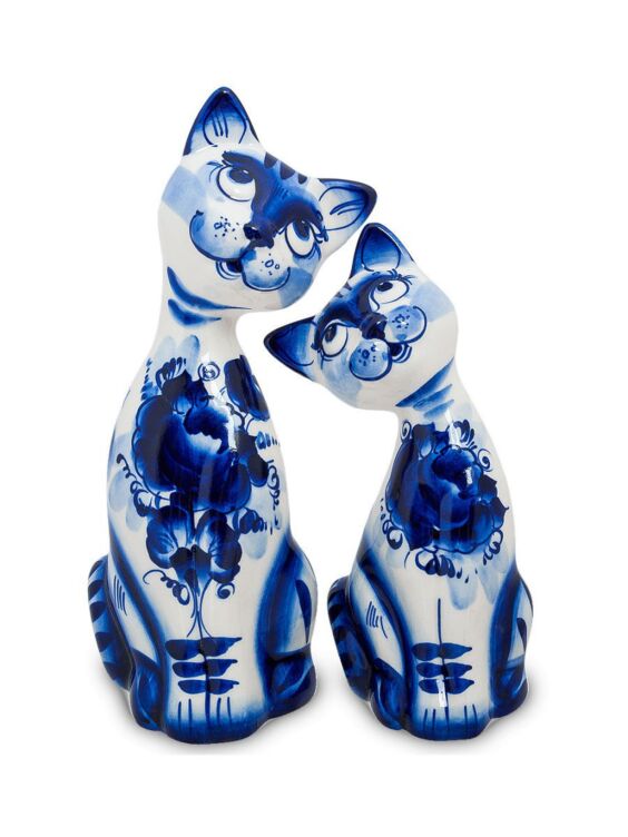 Lovely Porcelain Cat Couple Figurine Blue and White Gzhel 