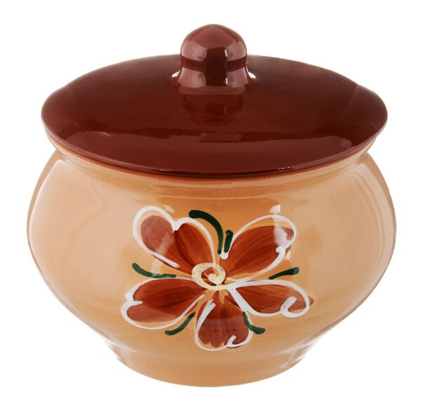 Beige Hand-Painted Clay Stoneware Baking Pot with Lid (1.4-Qt) 