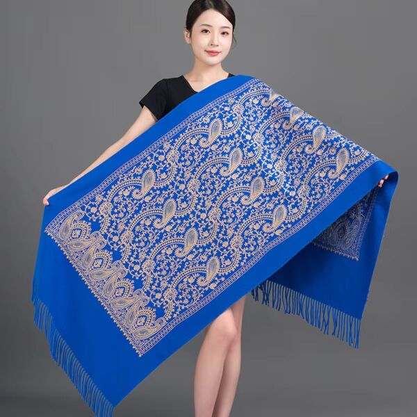 Cashew Flowers Royal Blue Scarf with Embroidery