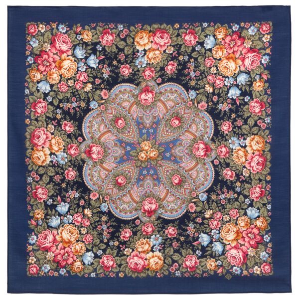 Fringeless Midnight Rose Pavlovo Posad Woolen Shawl 
