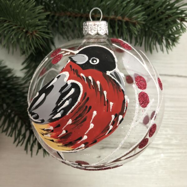 Frosted Branch and Bullfinch Hand-Painted 360° Glass Christmas Ornament | Gift-Boxed