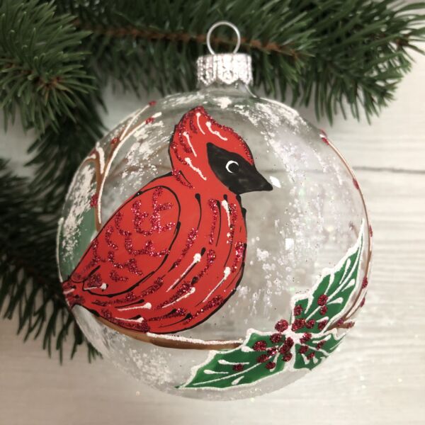 Frosted Holly with Red Cardinal Hand-Painted 360° Glass Christmas Ornament | Gift-Boxed