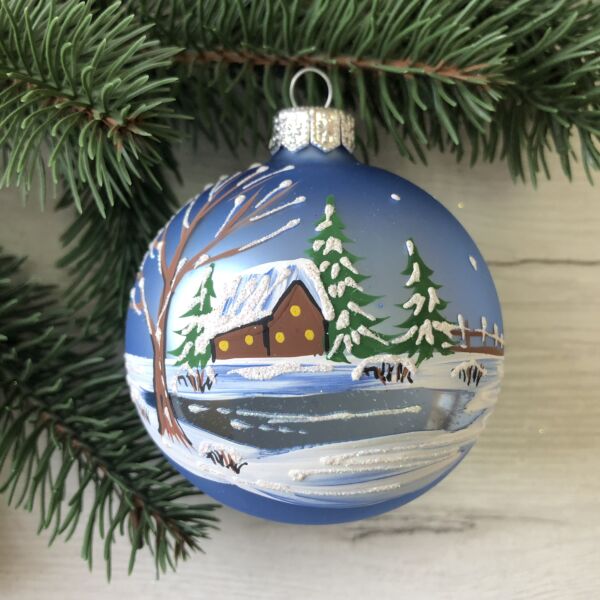 Christmas Village by the Frozen Lake — Hand-Painted Glass Christmas Ornament