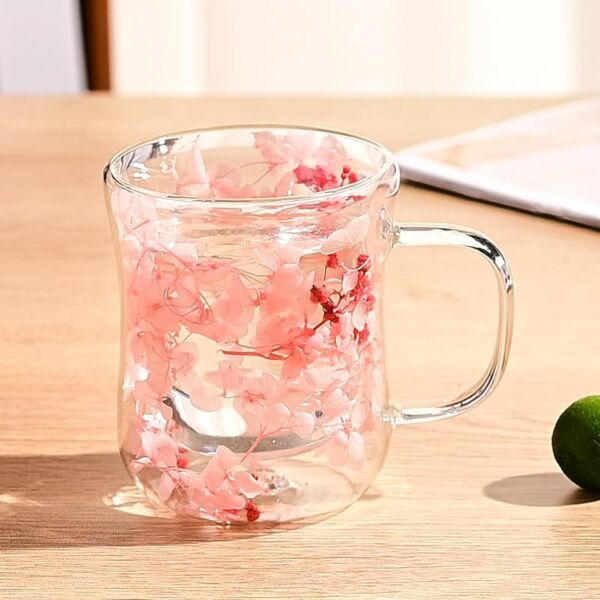Double Wall Glass Cup with Dried Flowers in Light Pink