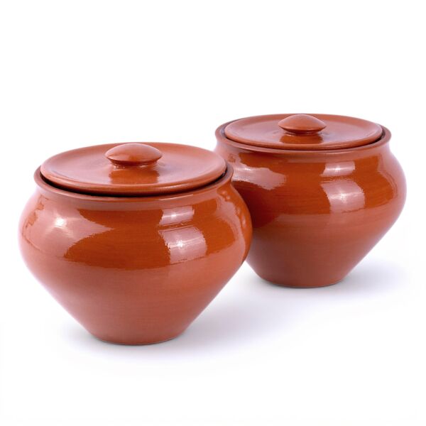 Traditional Natural Clay Stoneware Baking Pot with Lid Set of 2