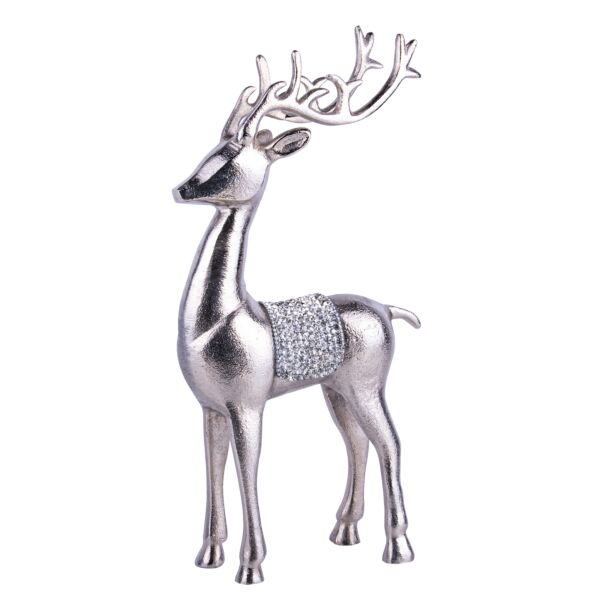 13.7&quot; Large Silver Metal Reindeer Figurine with Crystals