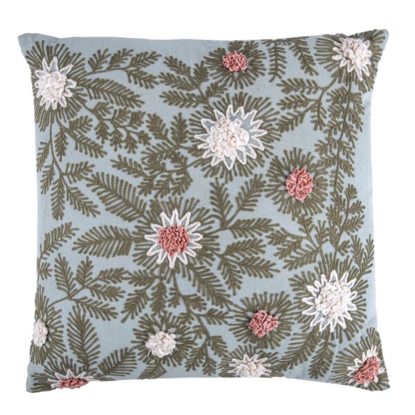 Fern Floral Cotton Embroidered Decorative Pillow Light Blue