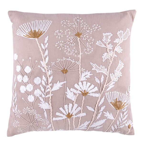 Beige Flowers Cotton Embroidered Square Decorative Pillow 