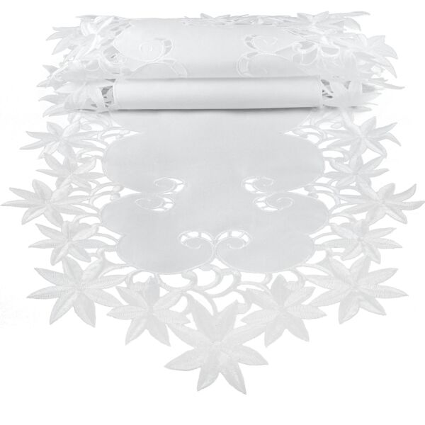 White Fabric Winter Flowers Table Runner