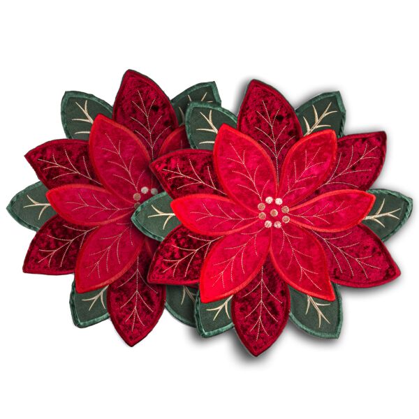 Red Poinsettia Flower Velvet Feel Placemats Set of 2