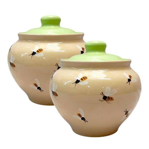 Bee Hand Painted Clay Stoneware Baking Pot with Lid Set of 2
