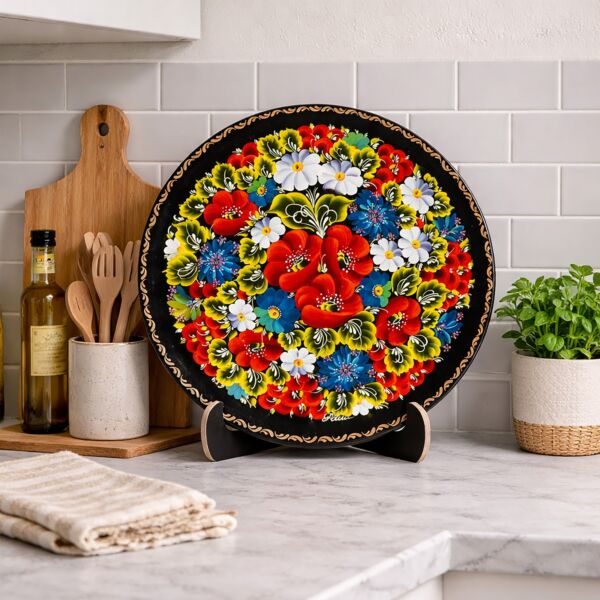 Handmade Petrykivka Decorative Plate Poppies and Cornflowers