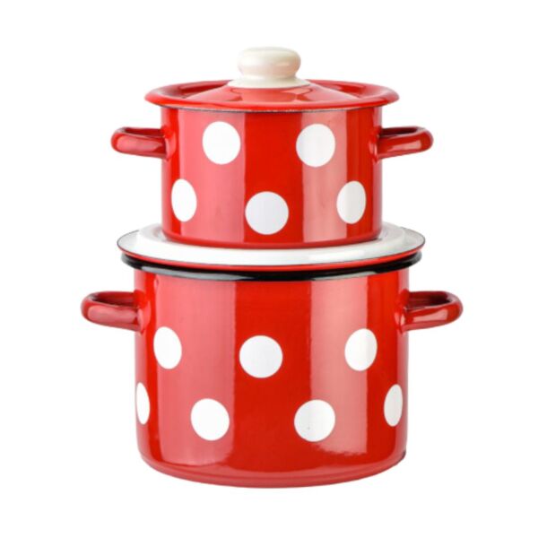 Red White Polka Dot Cylindrical Enamel Pot Set of 2