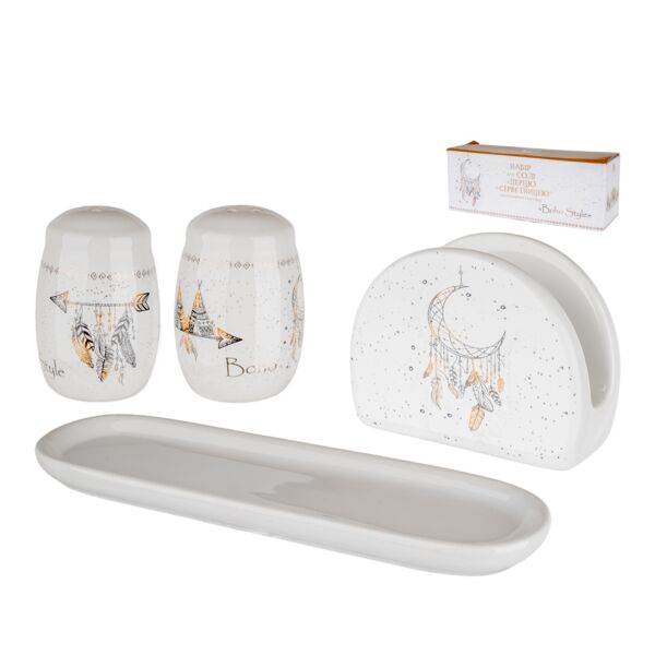 Boho Style Ceramic Salt and Pepper Shaker Set with Napkin Holder and Tray